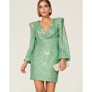 Ieena for Mac Duggal 26865 Sequin bishop long Sleeve sequin mini Dress green 0